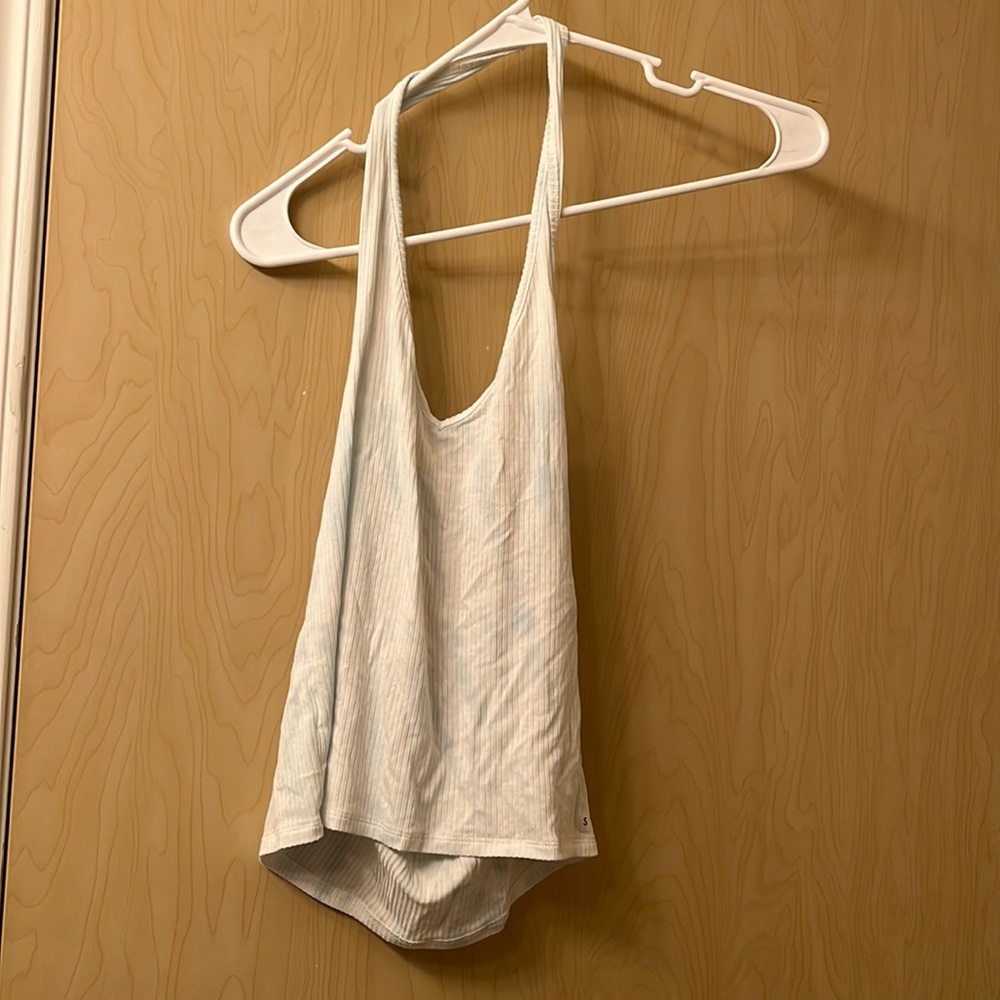 small, AE, Blue white tie die halter open back tank